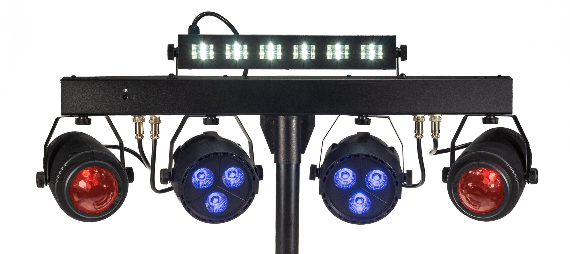 Eine schwarze DJ-Lichtanlage mit vier Scheinwerfern, zwei roten LED-Effekten und einer oberen weißen LED-Leiste.