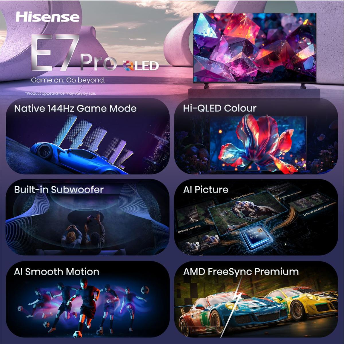 Hisense E7 Pro QLED-Fernseher mit Spiele-, Sound- und KI-Funktionen in sechs Kacheln.
