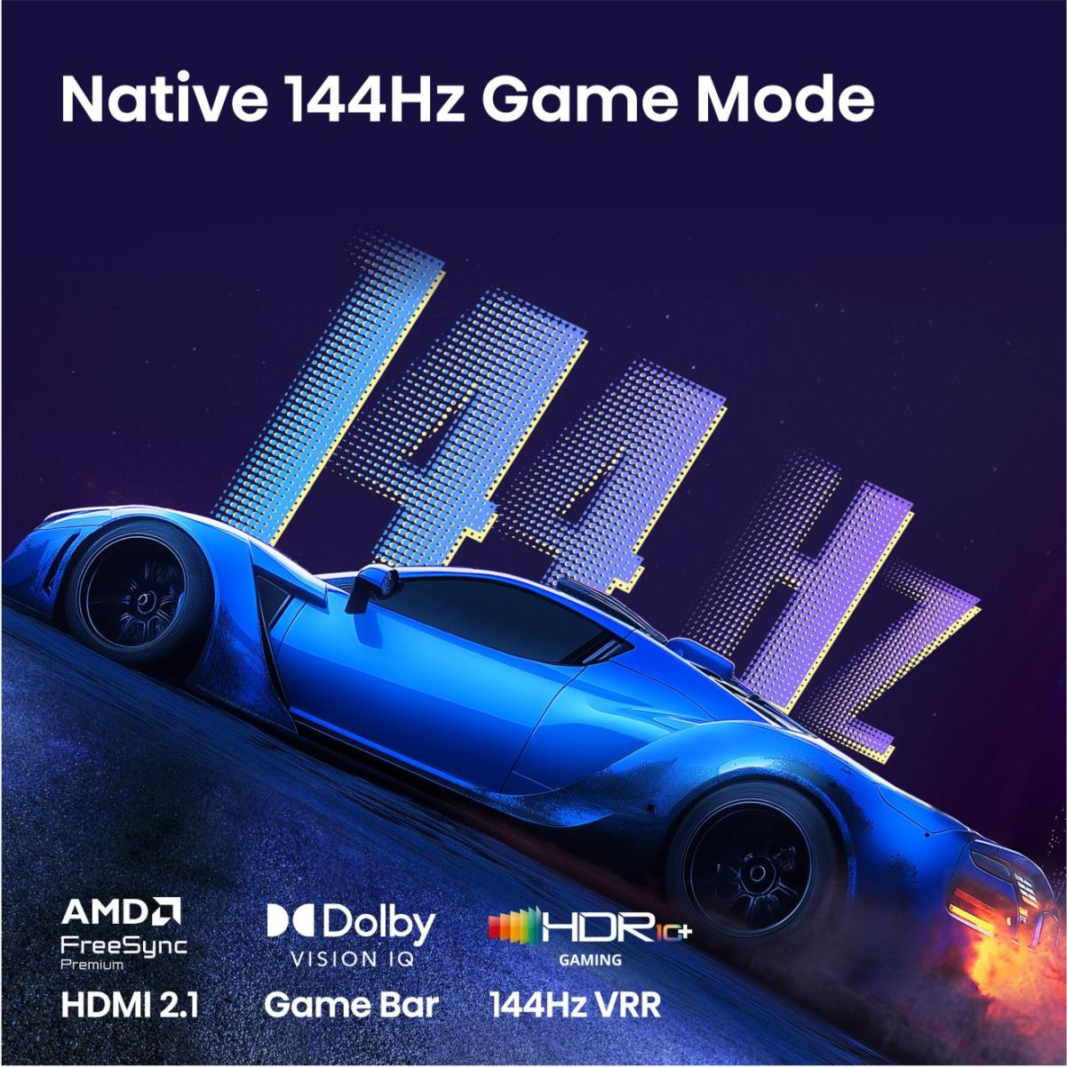 Ein blauer Sportwagen fährt schnell auf dunklem Asphalt unter der Aufschrift Native 144Hz Game Mode.