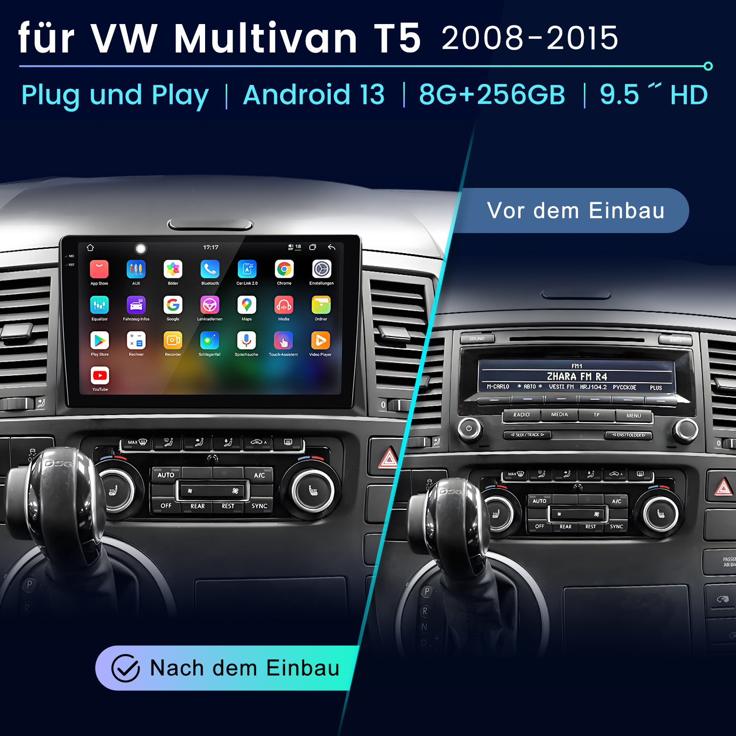 Vergleich eines Auto-Armaturenbretts vor und nach der Installation eines großen Touchscreen-Multimediasystems.