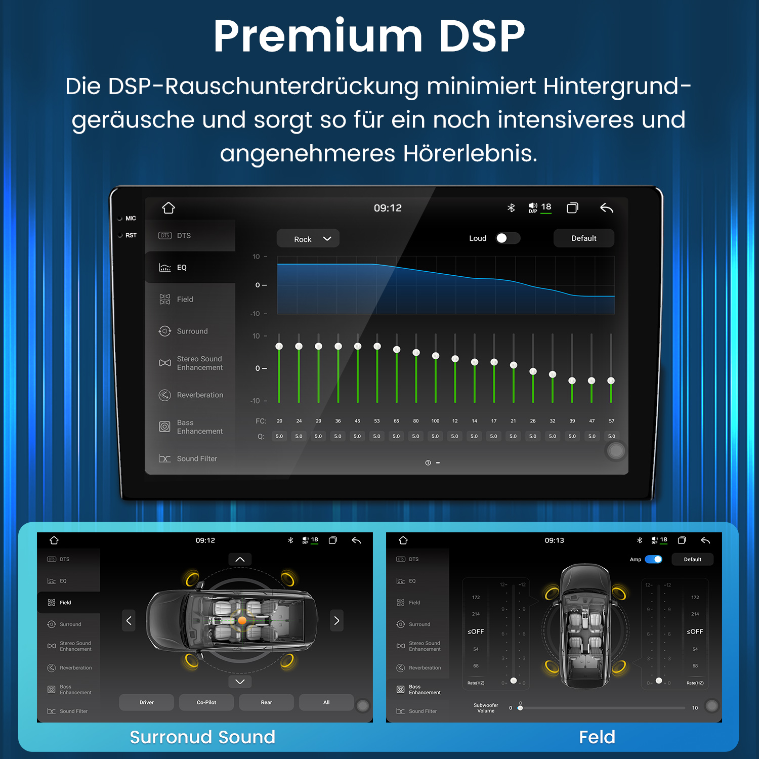 Premium DSP-Bildschirm mit Equalizer-Einstellungen und Surround-Sound-Optionen für Autos.
