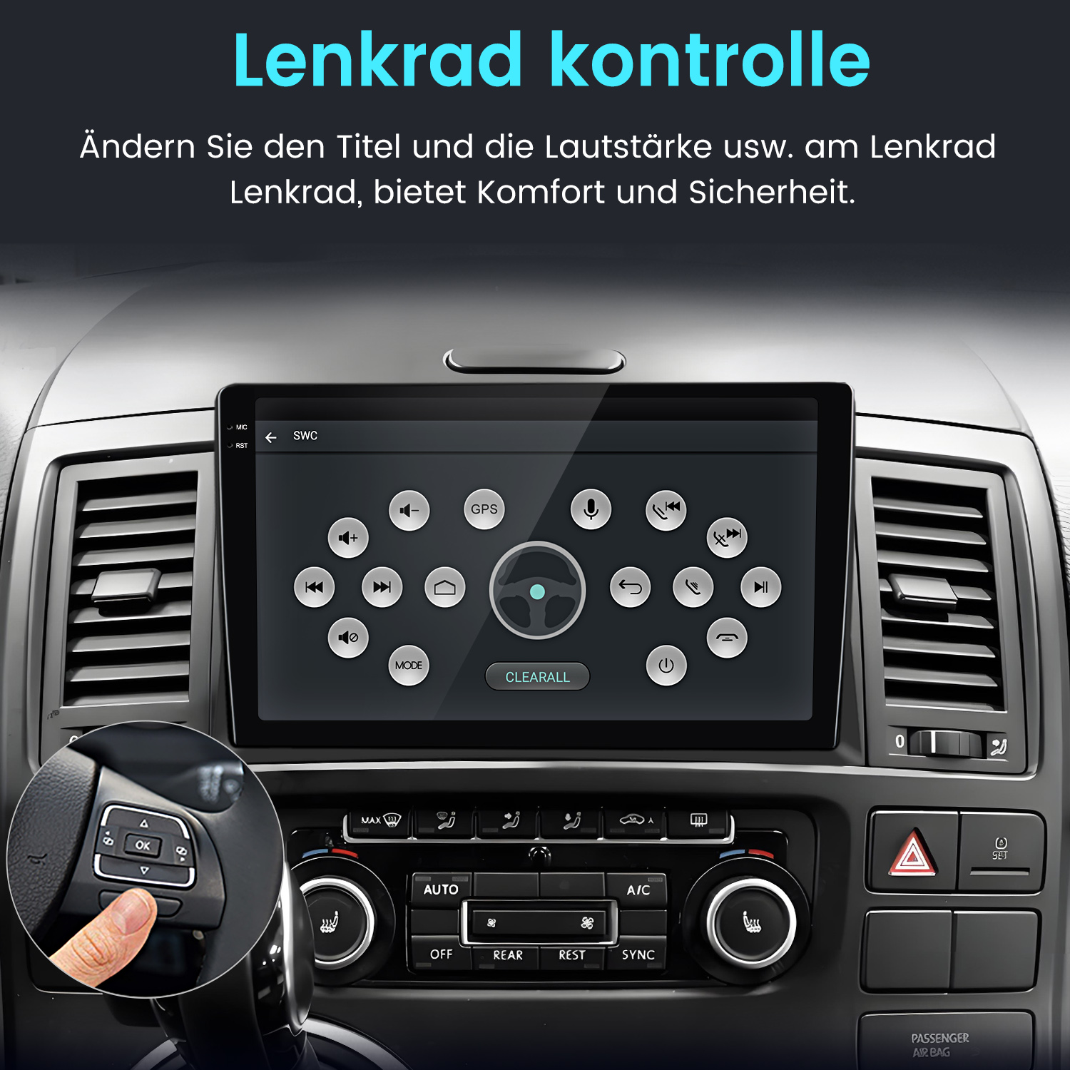 Autoinnenraum mit Touchscreen und Zoom auf Lenkradsteuerung.