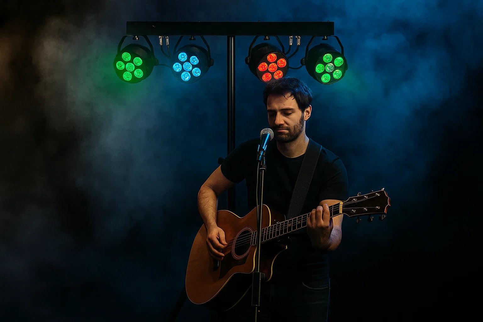 Ein Musiker spielt Akustikgitarre und singt vor bunten Scheinwerfern im Nebel.