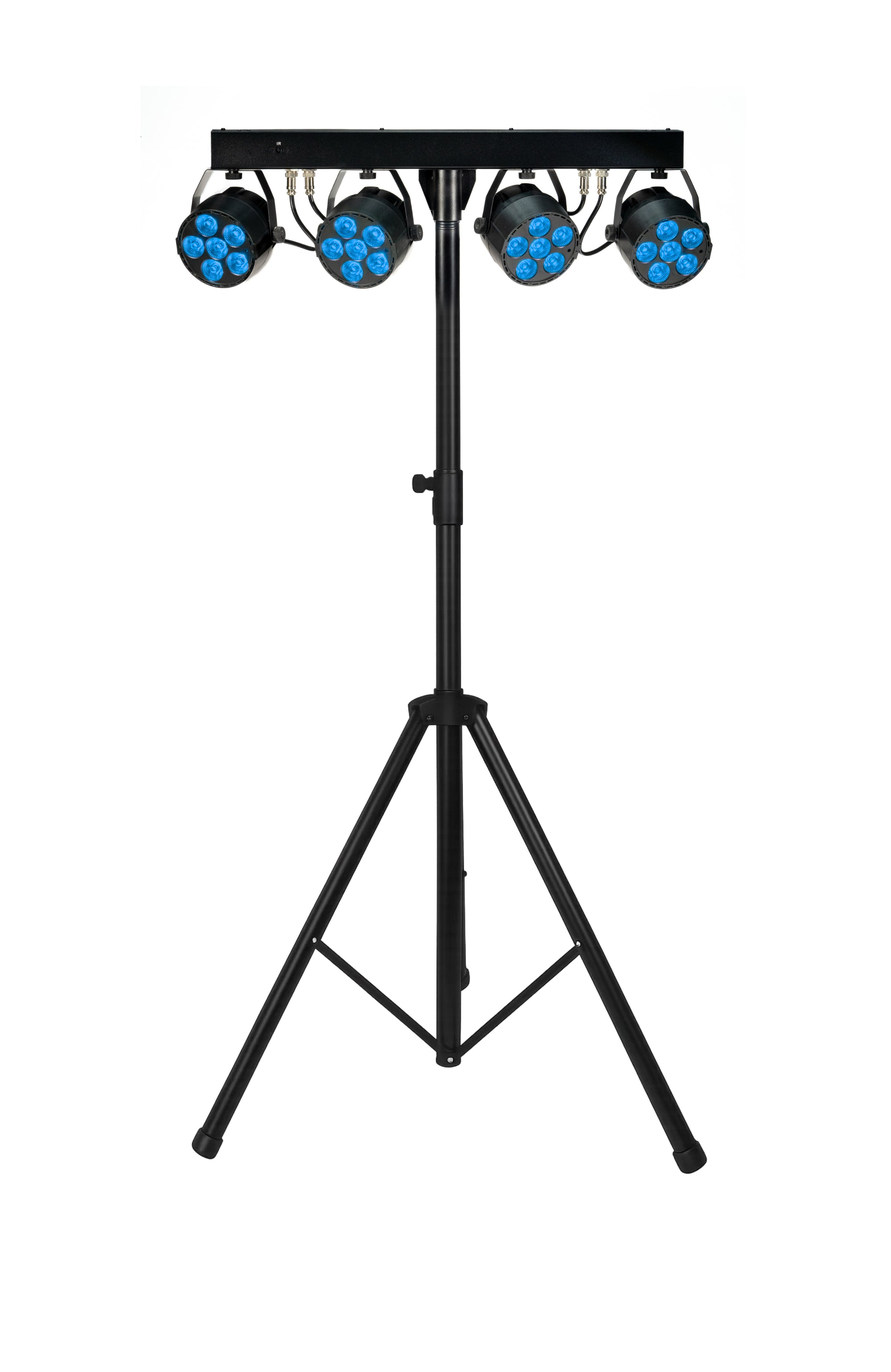 Ein schwarzes Stativ mit einer Querstange und vier blauen LED-Scheinwerfern auf weißem Hintergrund.