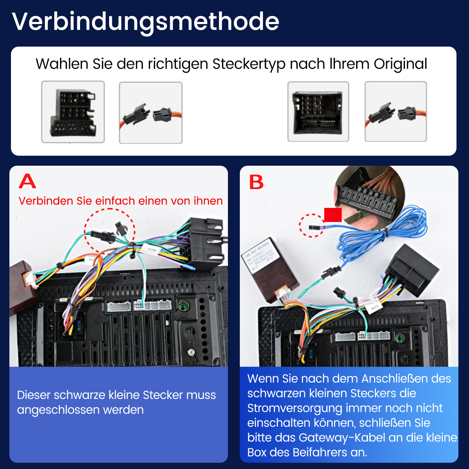 Anleitung zur Verbindungsmethode für Kabelbäume mit zwei verschiedenen Szenarien A und B und Steckerdetails.