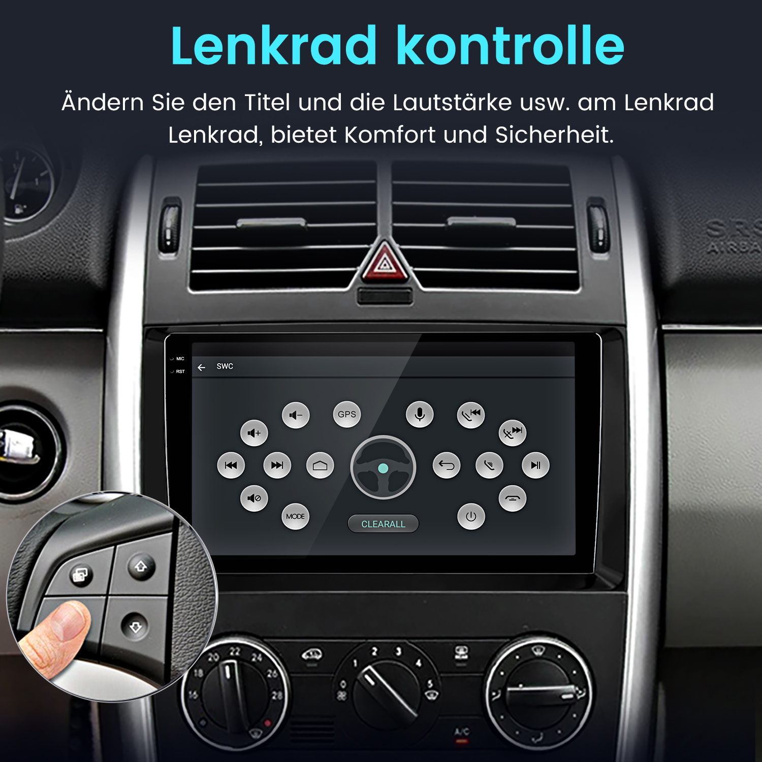 Autobrett mit Touchscreen-Mediensystem, Lenkradsteuerungseinstellungen und integriertem Lenkrad.