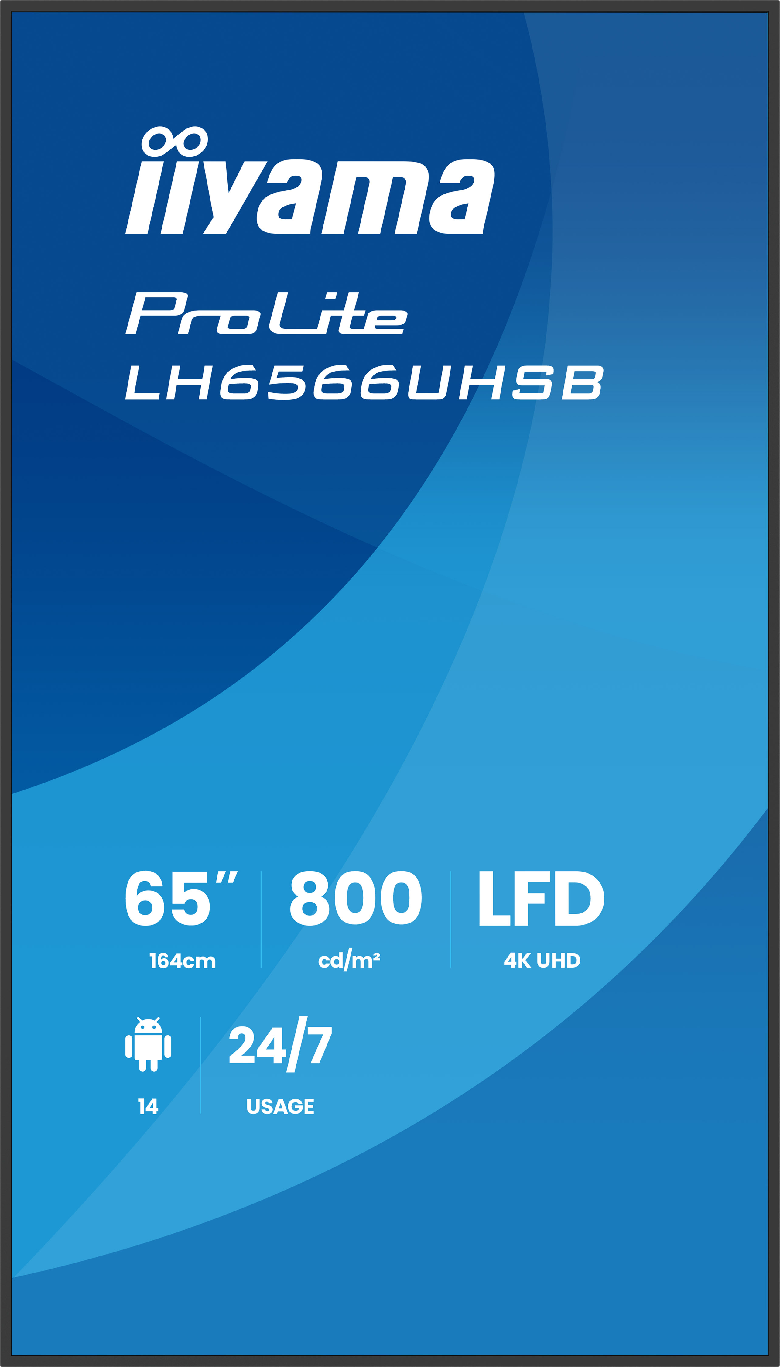 Publicité pour l'écran Iiyama ProLite LH6566UHSB avec fond bleu et spécifications.