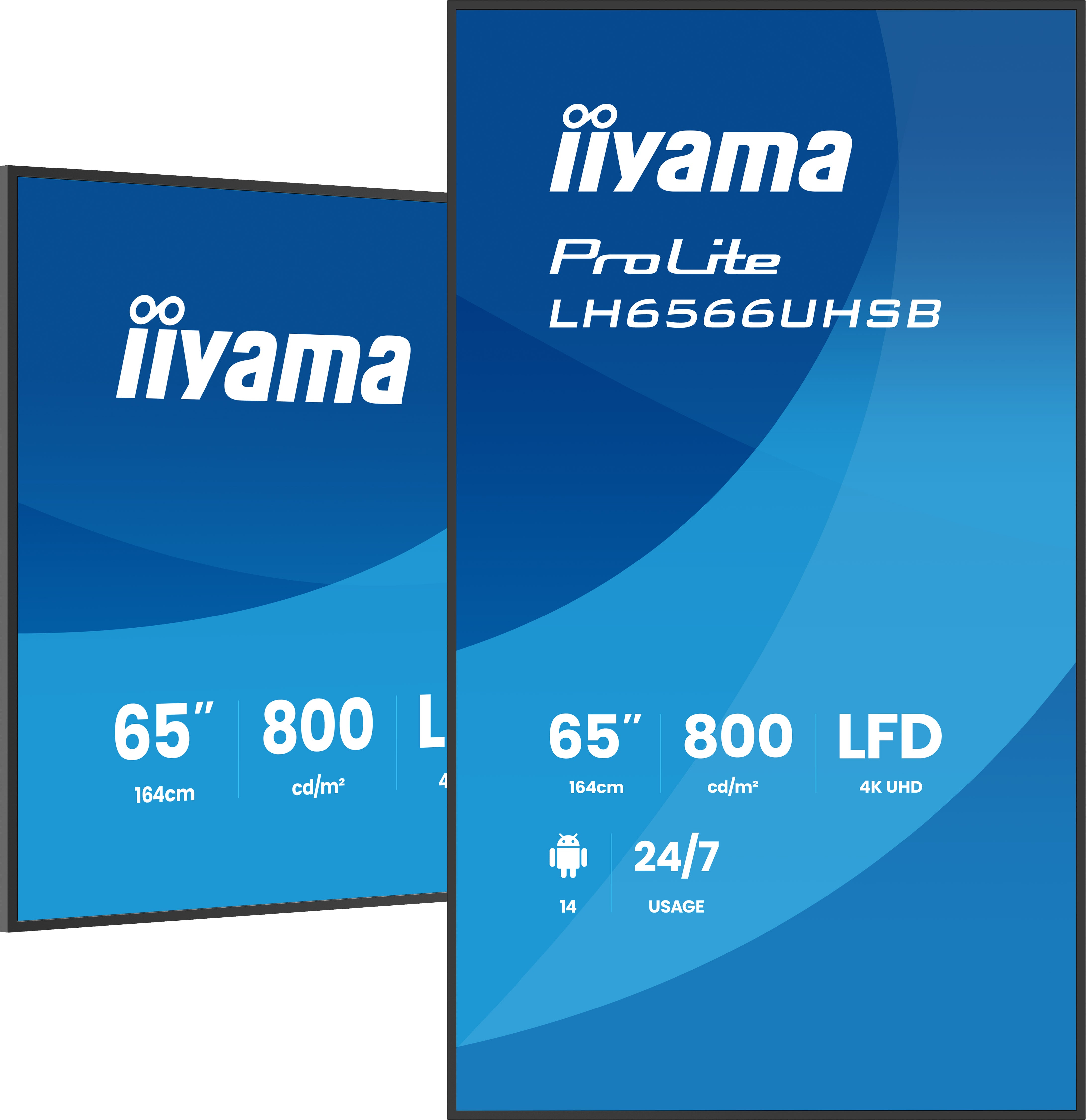Deux écrans iiyama ProLite LH6566UHSB affichant le logo et les spécifications.