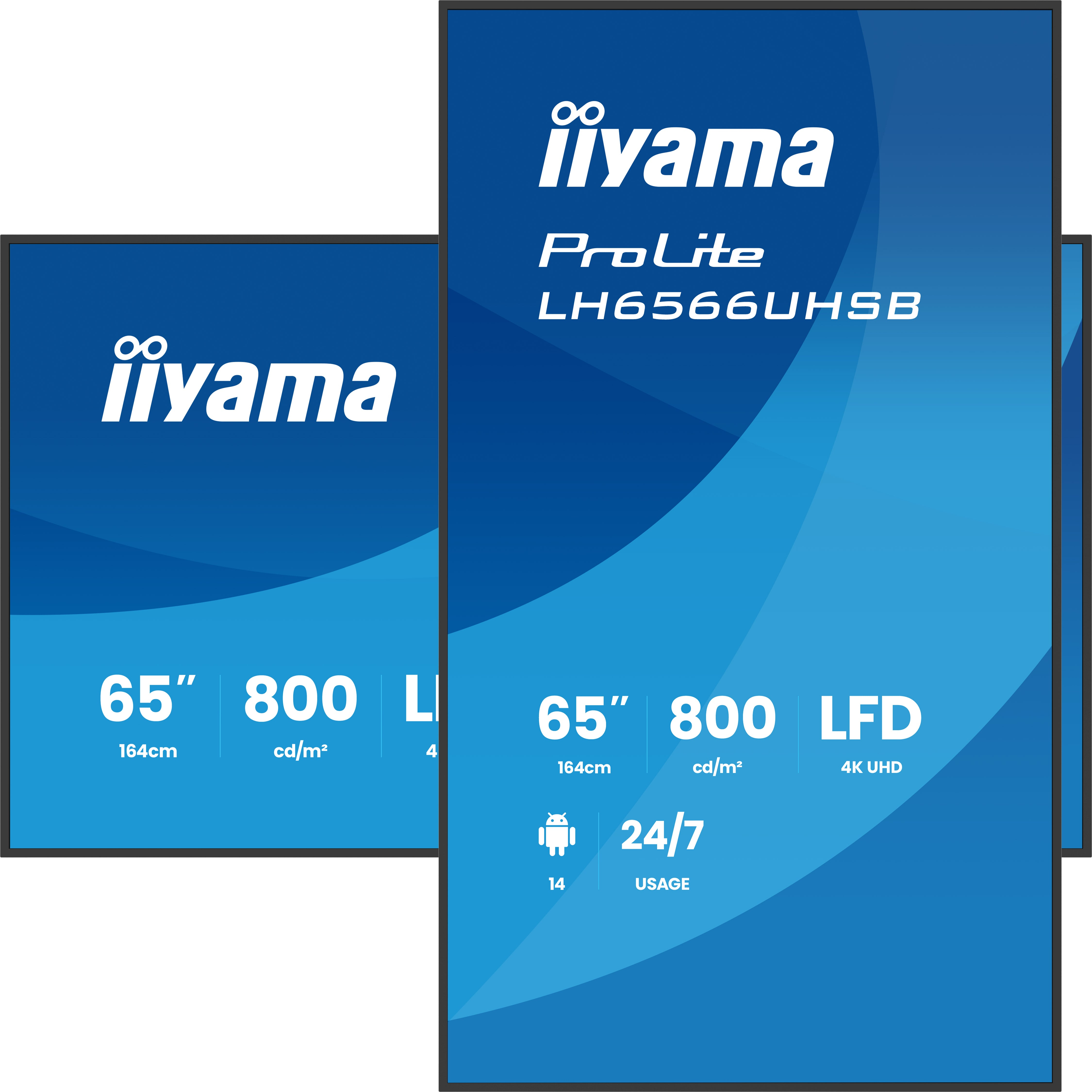 Écran bleu avec le logo iiyama ProLite LH6566UHSB, 65 pouces, 800 cd/m2, LFD et Android 14.