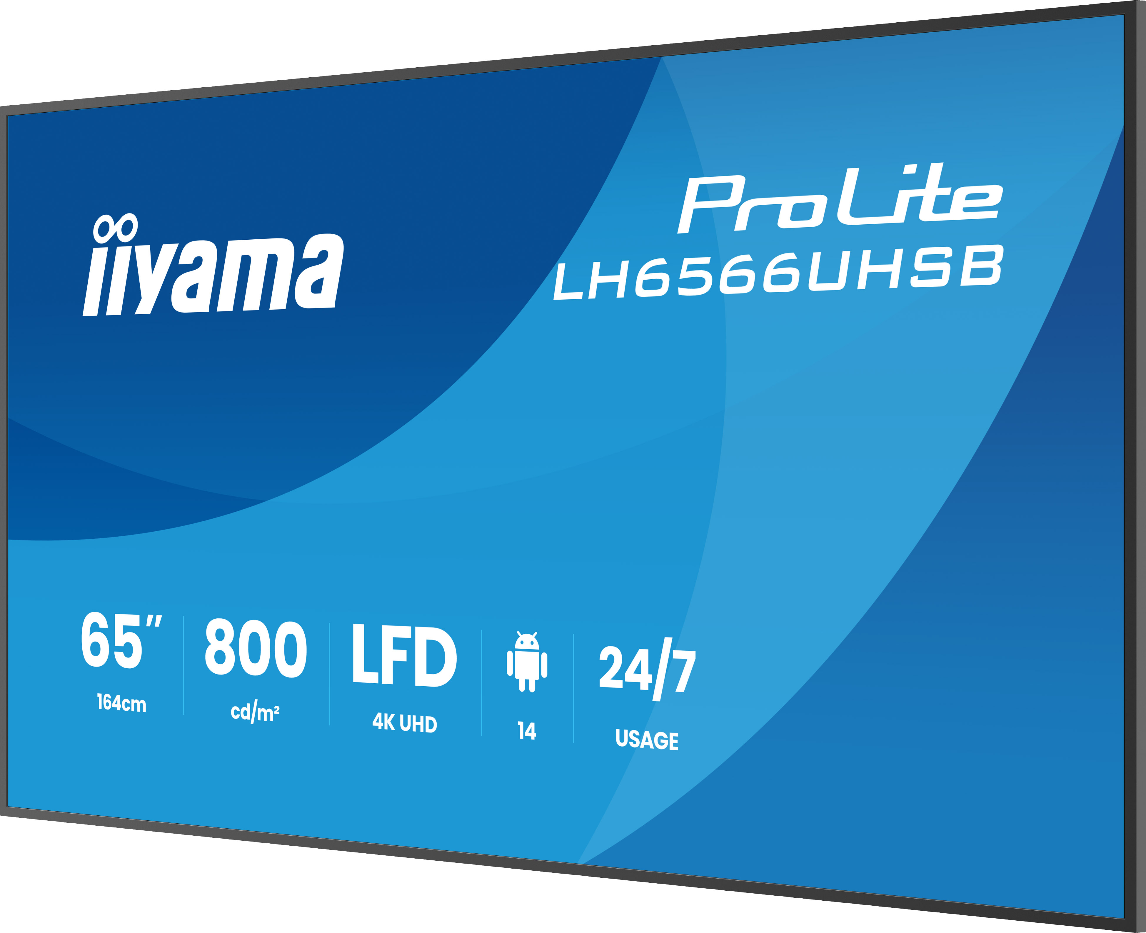 Écran bleu Iiyama ProLite LH6566UHSB avec texte blanc indiquant 65 pouces, 800 cd/m2, 4K UHD et Android 14.