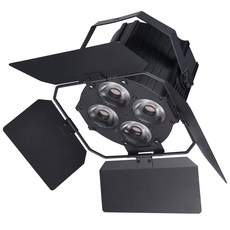 Schwarzer LED-Bühnenscheinwerfer mit vier Linsen und verstellbaren Klappen.