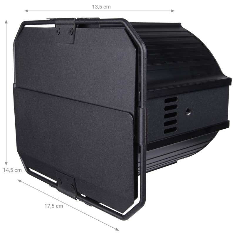 Schwarzer LED-Strahler mit Abmessungen von 13,5 cm, 14,5 cm und 17,5 cm gegen einen weißen Hintergrund.
