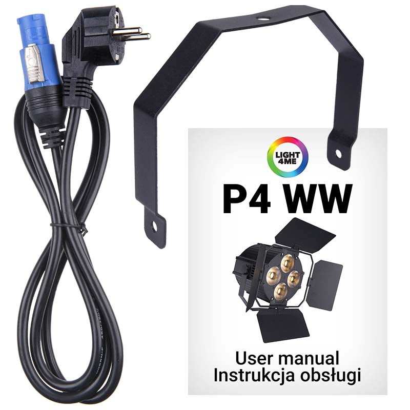 Schwarzes Netzkabel mit blauem Stecker, Metallhalterung und Bedienungsanleitung für Light 4Me P4 WW.