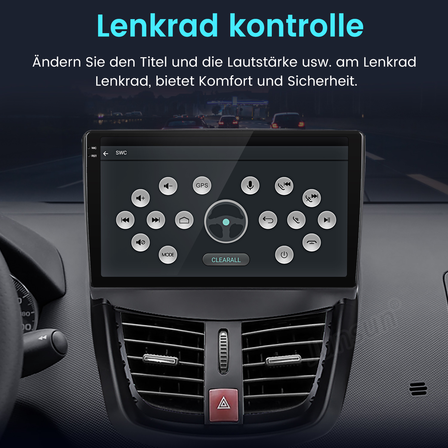 Ein Auto-Multimediasystem zeigt das Lenkradsteuerungsmenü mit verschiedenen Funktionssymbolen auf dem Bildschirm.