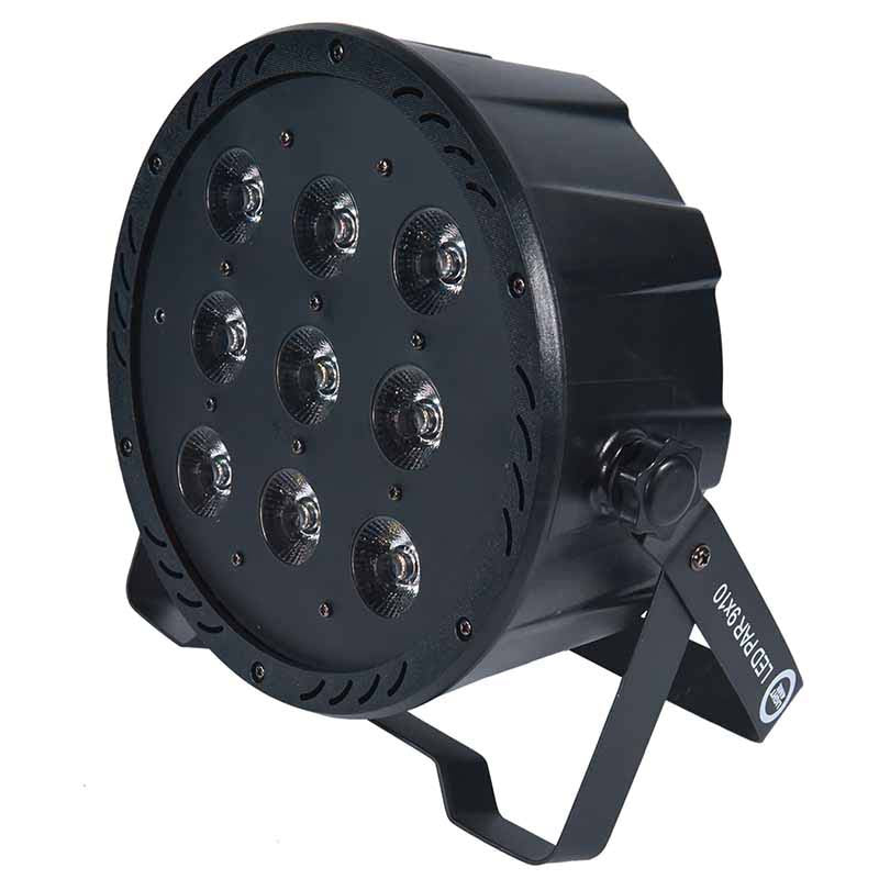 Ein schwarzer LED-Par-Scheinwerfer mit neun runden Linsen und Montagebügel vor weißem Hintergrund.
