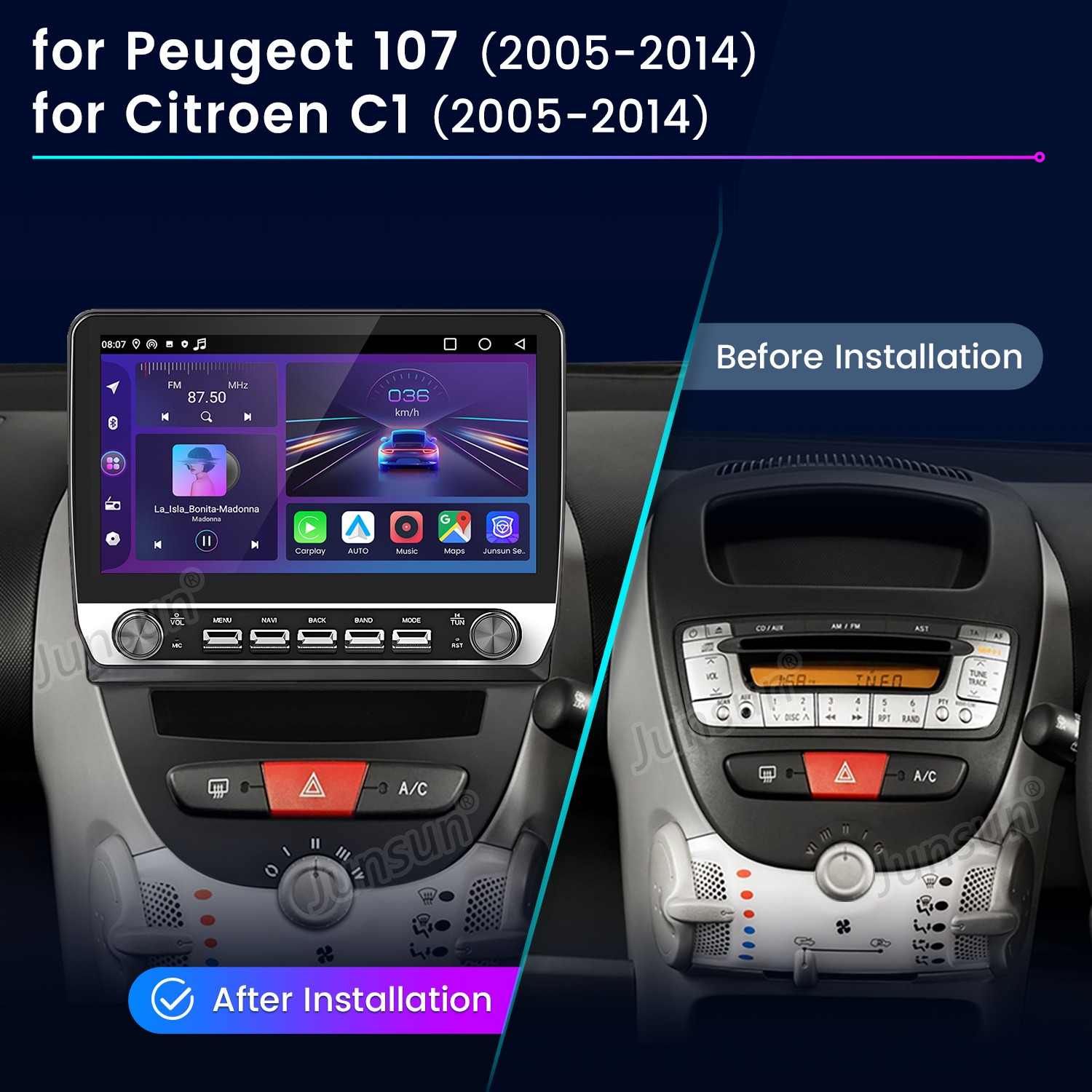 Vergleich vor und nach der Installation eines großen Touchscreen-Autoradios in einem Peugeot 107 oder Citroen C1.
