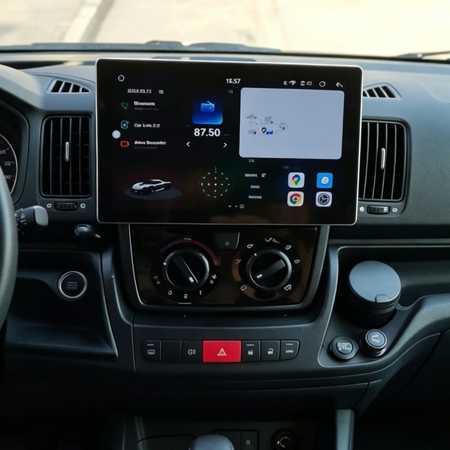 Ein Auto-Armaturenbrett mit einem großen Touchscreen für Navigation, Medien und Fahrzeugstatus.