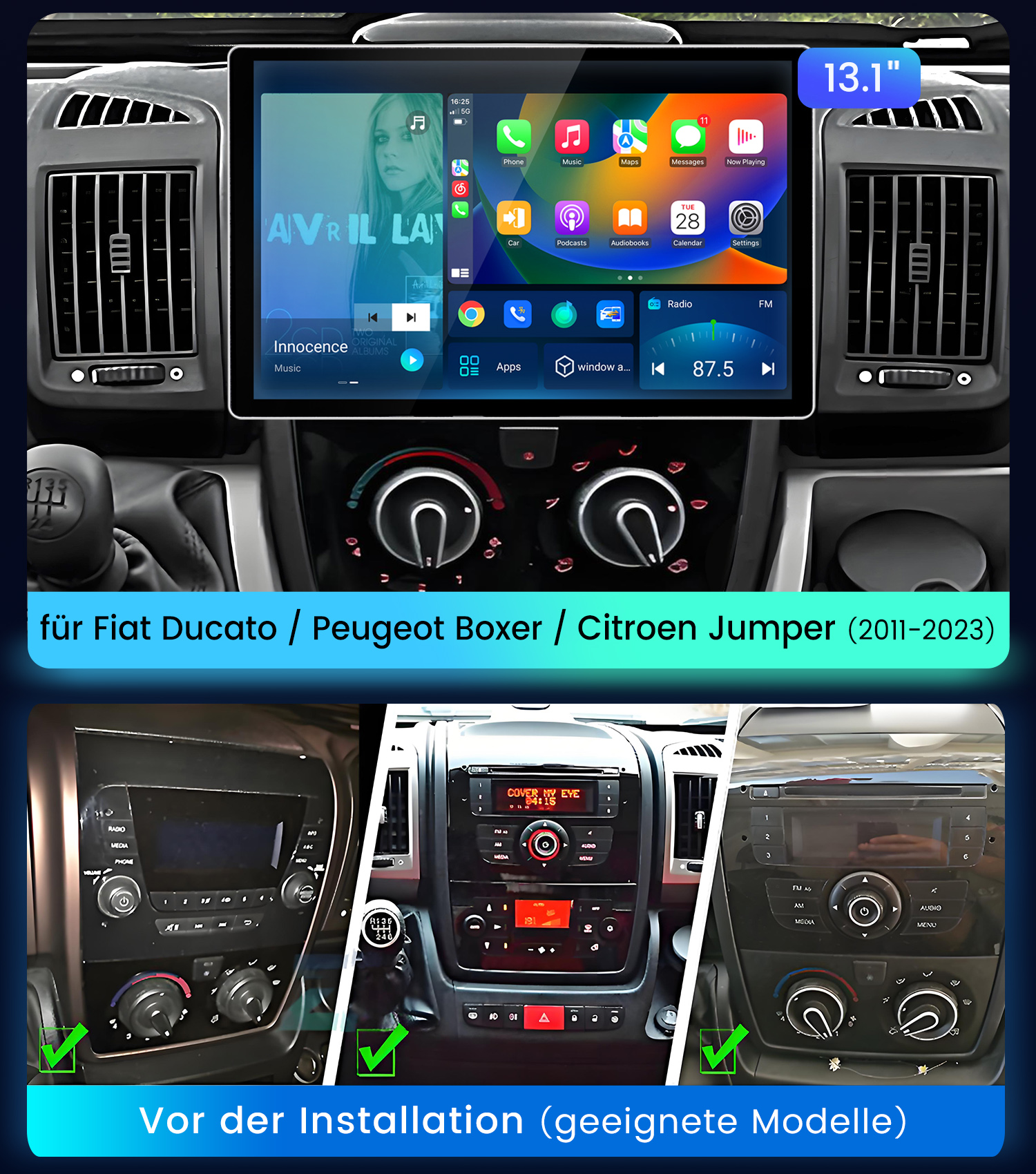 13.1-Zoll-Display im Armaturenbrett von Fiat, Peugeot und Citroen vor und nach Installation.