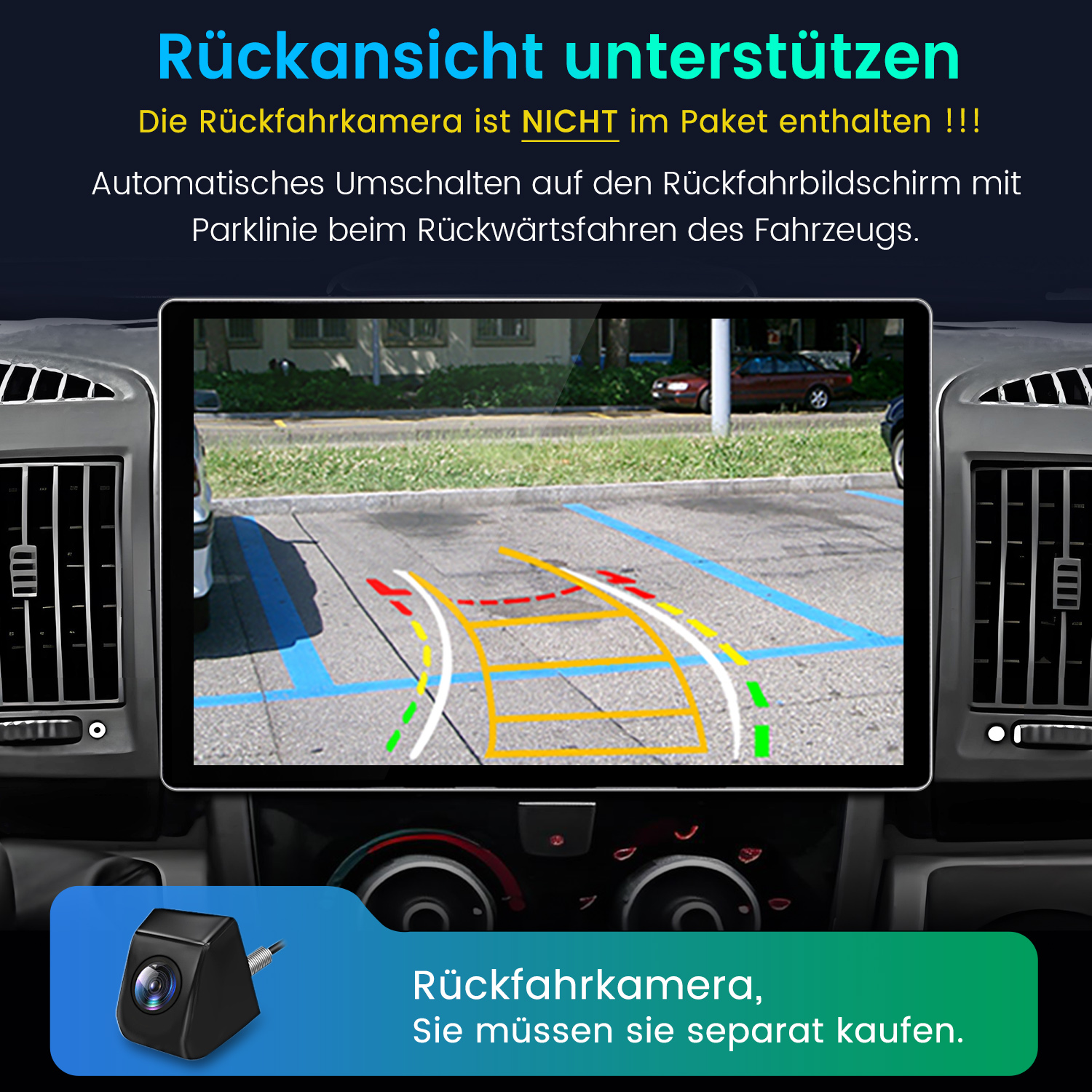 Autobildschirm zeigt Parklines mit Warnung, dass die Rückfahrkamera separat gekauft werden muss.