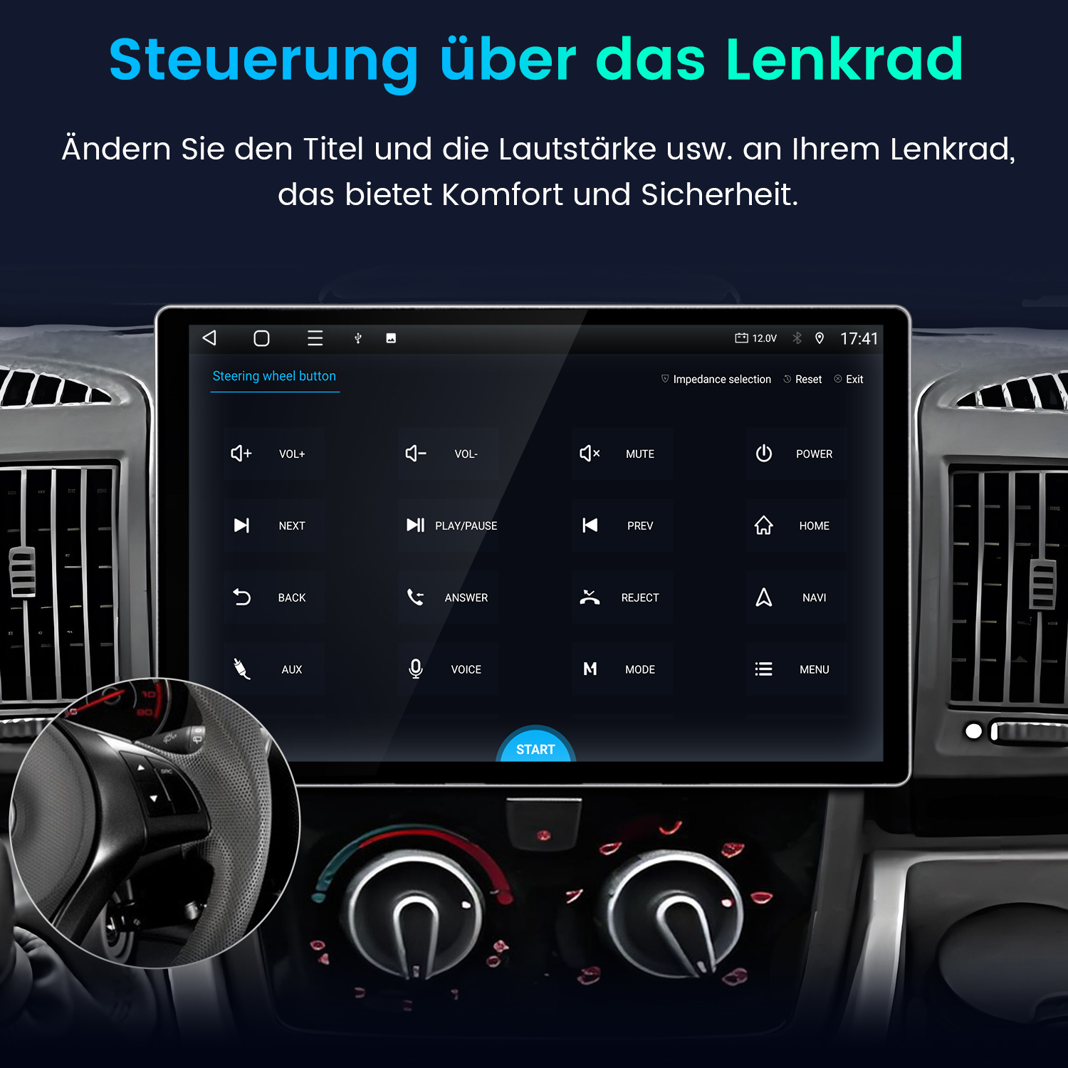 Ein Autodisplay zeigt Tasten für die Lenkradsteuerung mit Optionen wie Lautstärke, Stummschaltung und Navigation an.