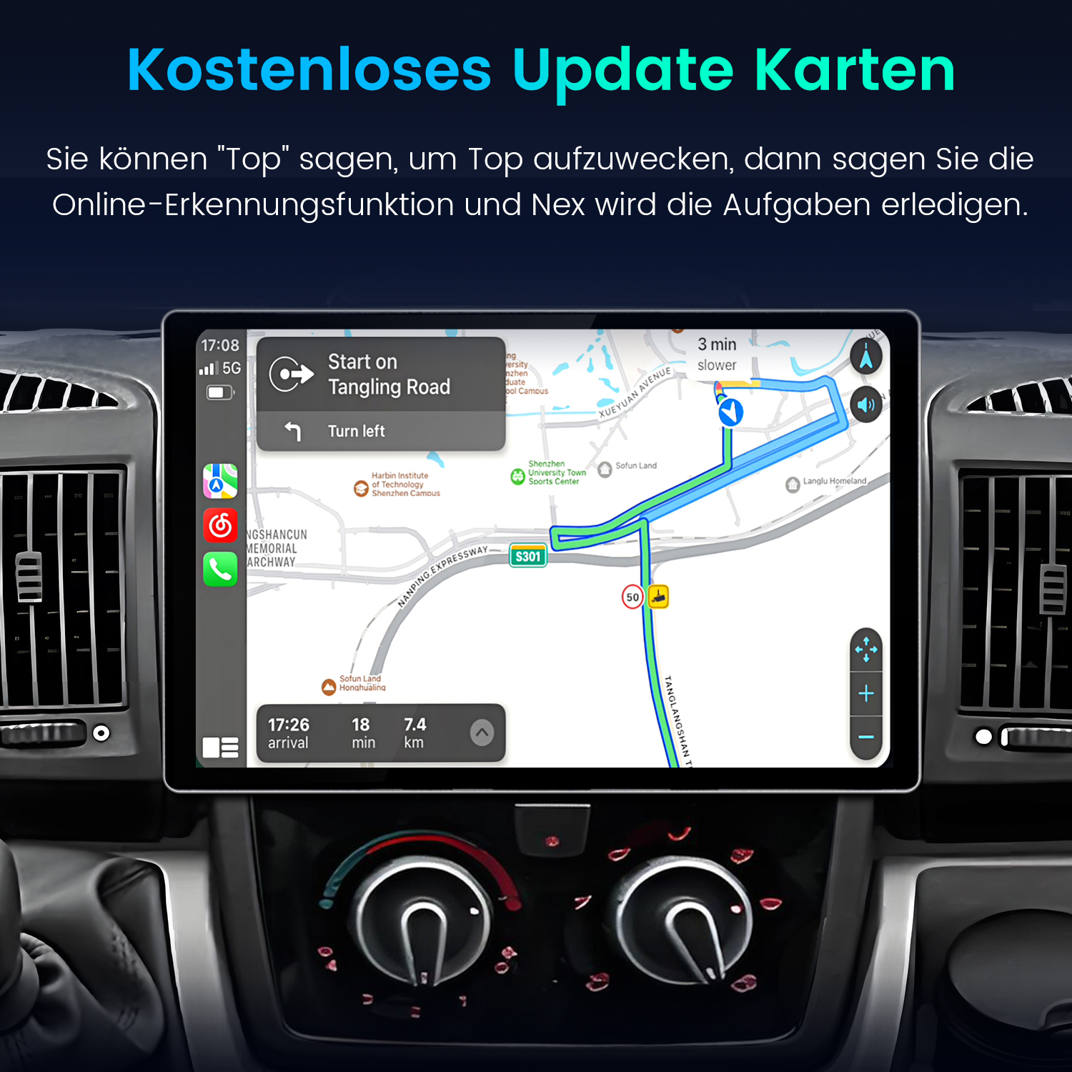 Ein Auto-Armaturenbrett mit einem digitalen Navigationsbildschirm, der eine Route anzeigt.
