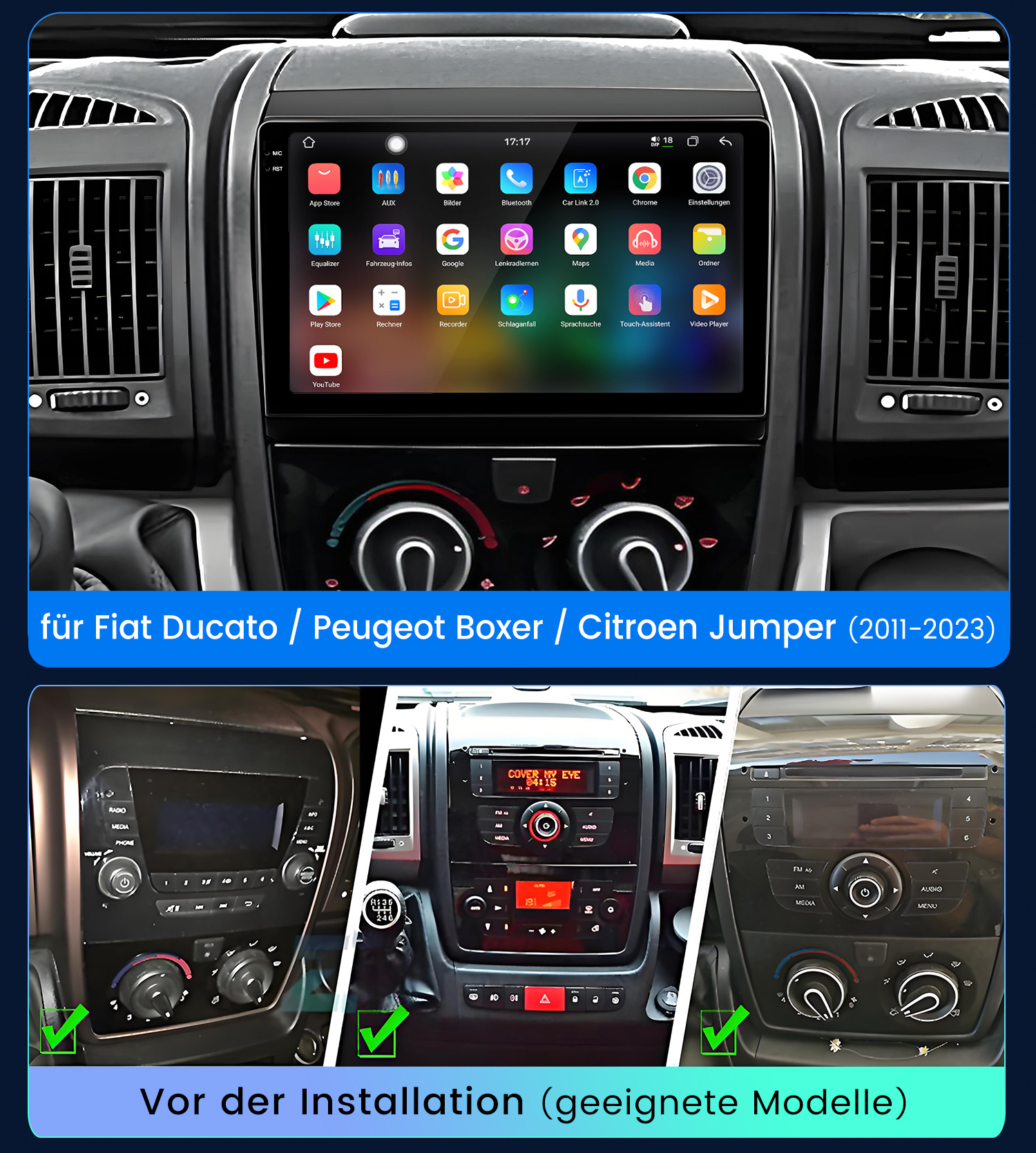 Dashboard eines Fiat Ducato, Peugeot Boxer oder Citroen Jumper vor und nach der Installation eines Multimediasystems.