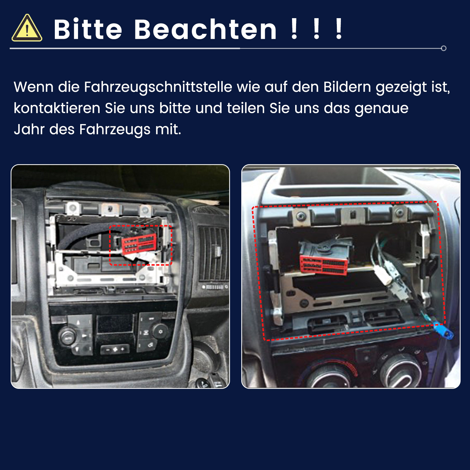Informationstext mit zwei Bildern einer Auto-Armaturenbrett-Schnittstelle und rotem Warnsymbol.