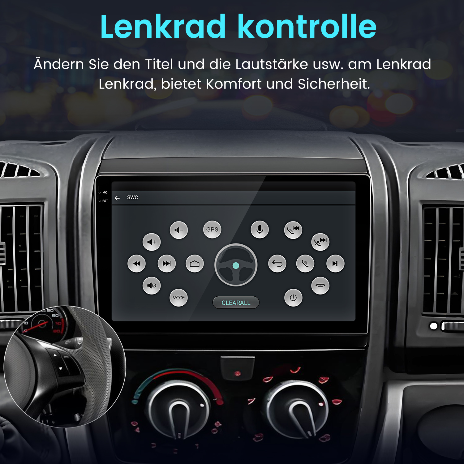 Auto-Infotainment-Bildschirm mit Lenkradsteuerungsschnittstelle und Inset-Bild des Lenkrads.