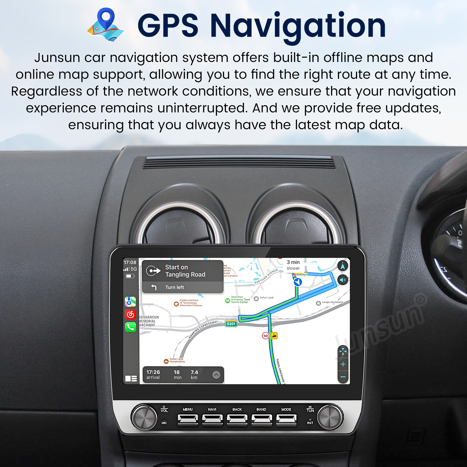 Ein Car-Navigation-System im Autocockpit zeigt eine GPS-Karte mit Route.