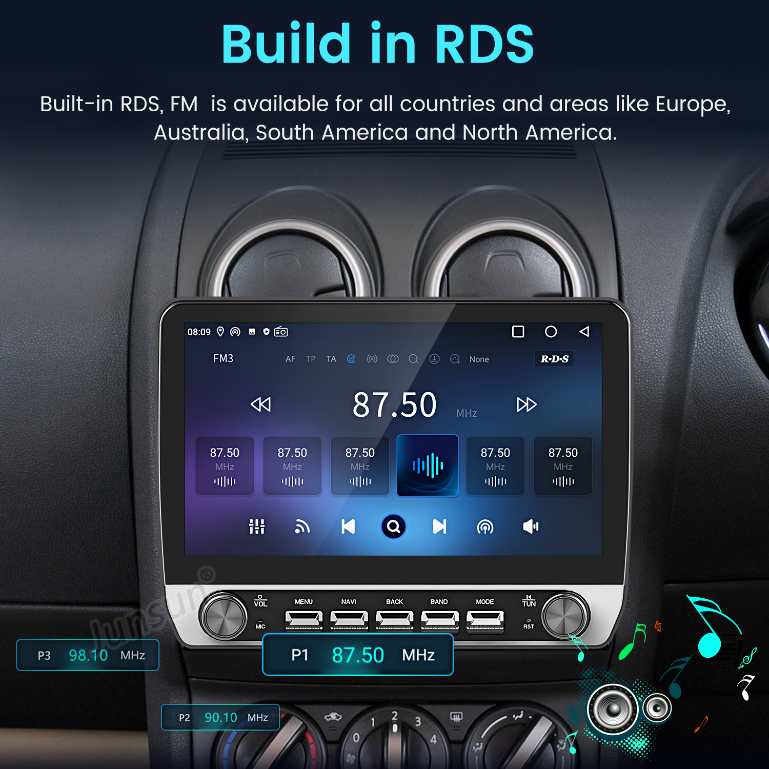 Auto-Multimediasystem im Armaturenbrett mit RDS-Radio-Display.