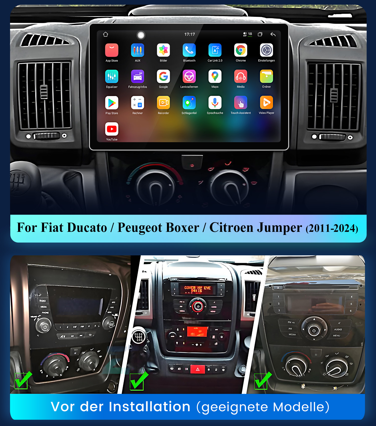 Ein großes Touchscreen-Multimediasystem eingebaut im Armaturenbrett eines Fiat Ducato, mit drei alten Radios unten.