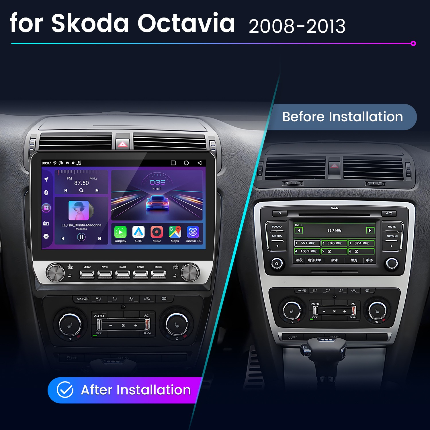 Vergleich der Skoda Octavia Konsole vor und nach der Installation eines neuen Touchscreen-Radios.