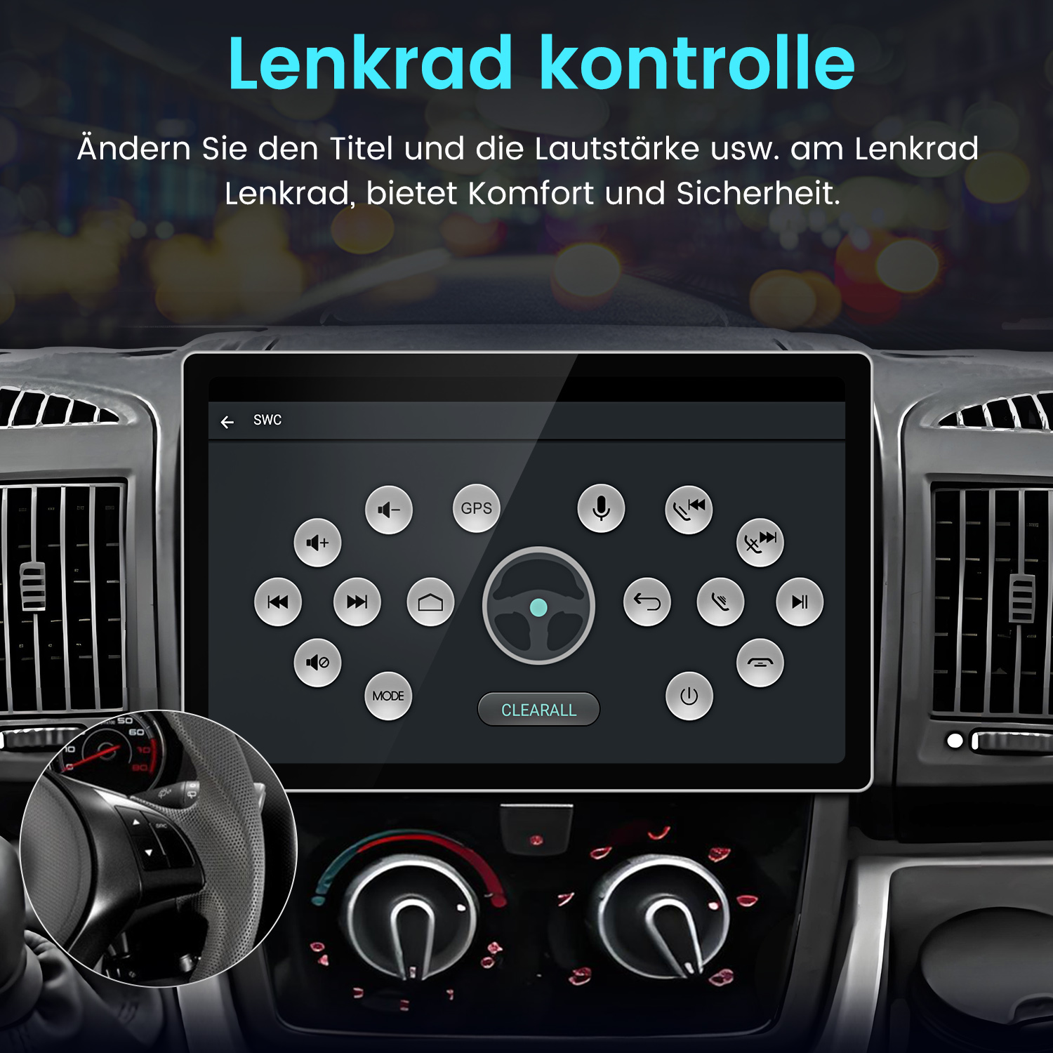 Ein Auto-Armaturenbrett mit einem Touchscreen, der Lenkrad-Steuerungseinstellungen anzeigt.