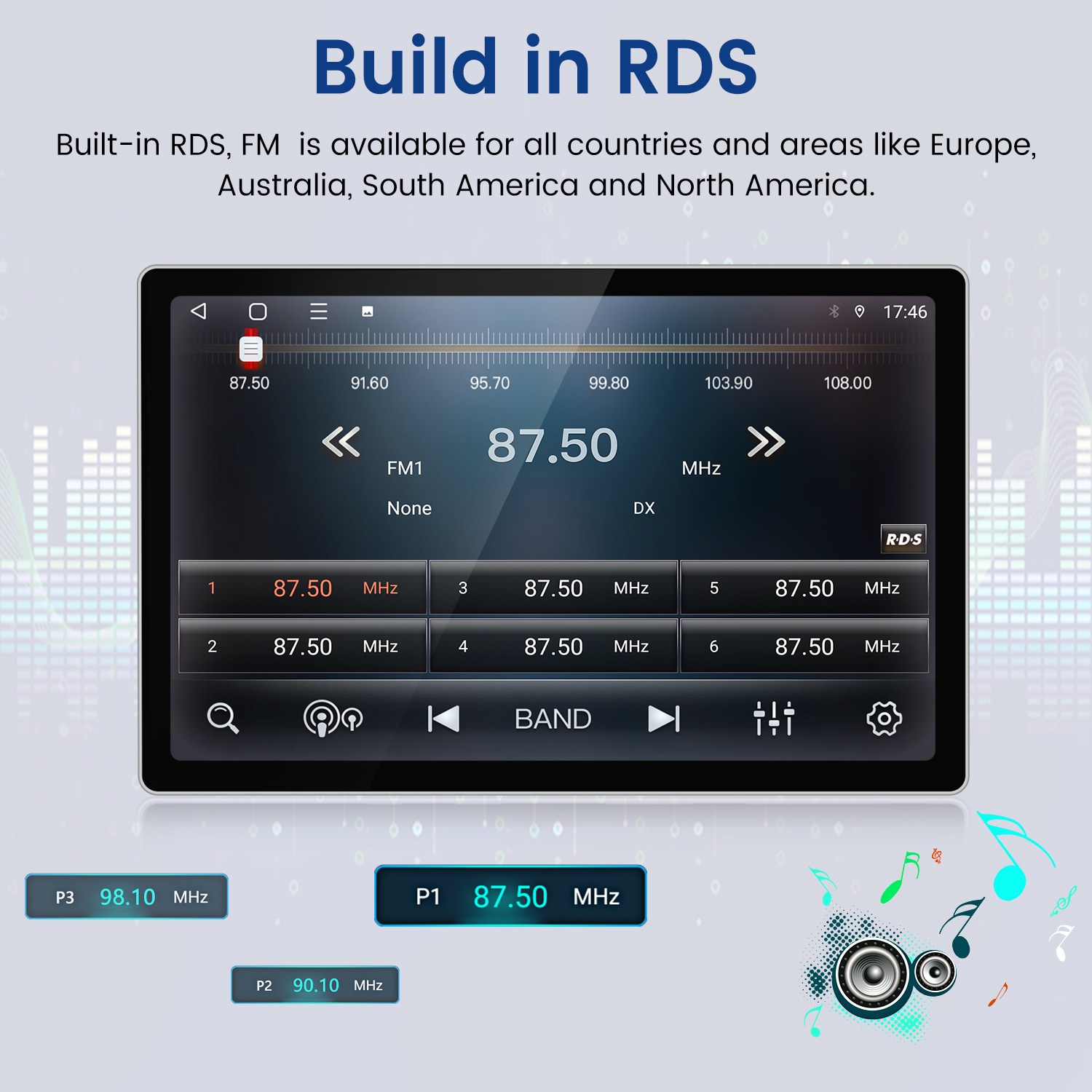 Ein Car-Radio-Bildschirm zeigt eine FM-Frequenz von 87.50 MHz und Speicherplätze.