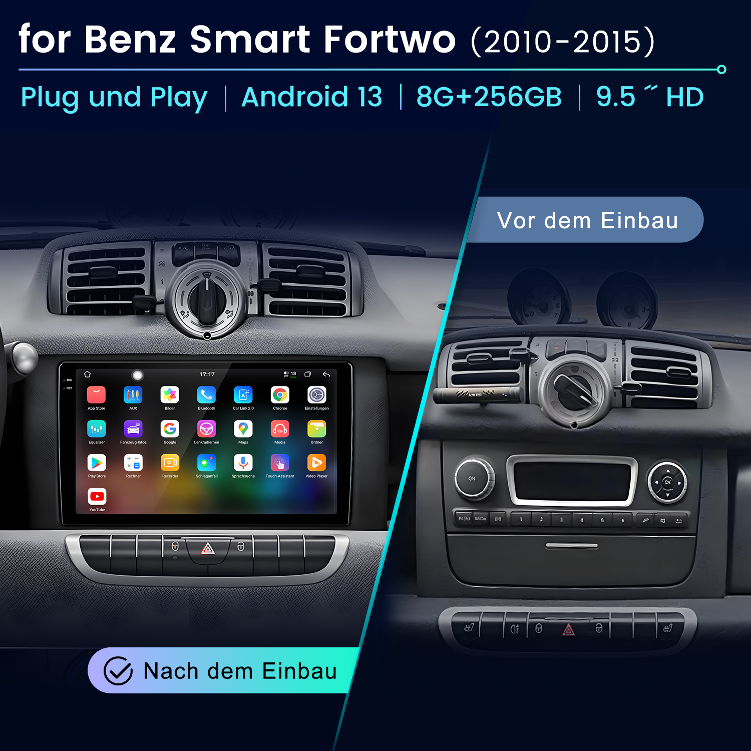 Vergleich eines Smart Fortwo Armaturenbretts vor und nach dem Einbau eines großen Android-Bildschirms.