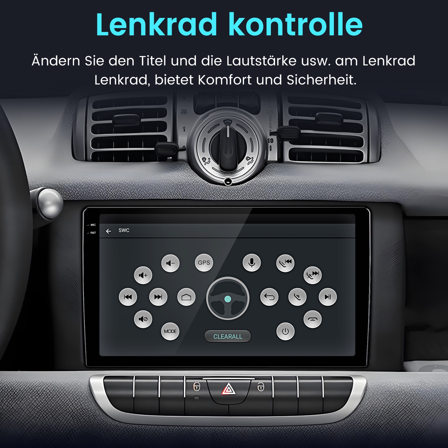 Autoinnenraum mit Touchscreen und Lenkradsteuerungseinstellungen.