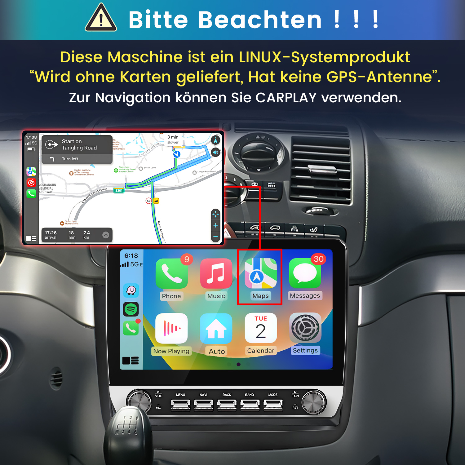 Linux-Autoradio mit CarPlay-Navigation und Apps-Bildschirm.