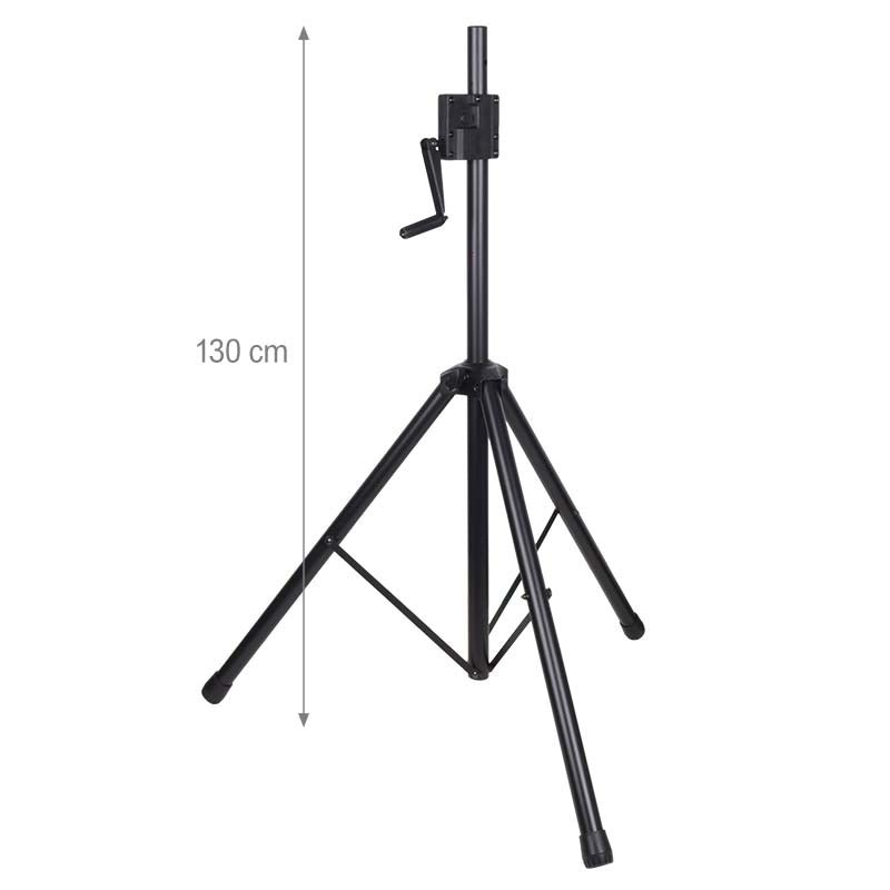 Ein schwarzes Stativ mit Kurbel auf weißem Hintergrund, Höhe 130 cm.