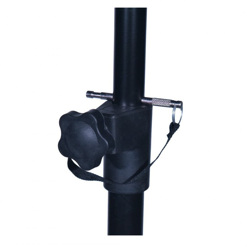 Eine schwarze Stativstange mit Einstellknopf und Sicherungsstift mit Halteseil.
