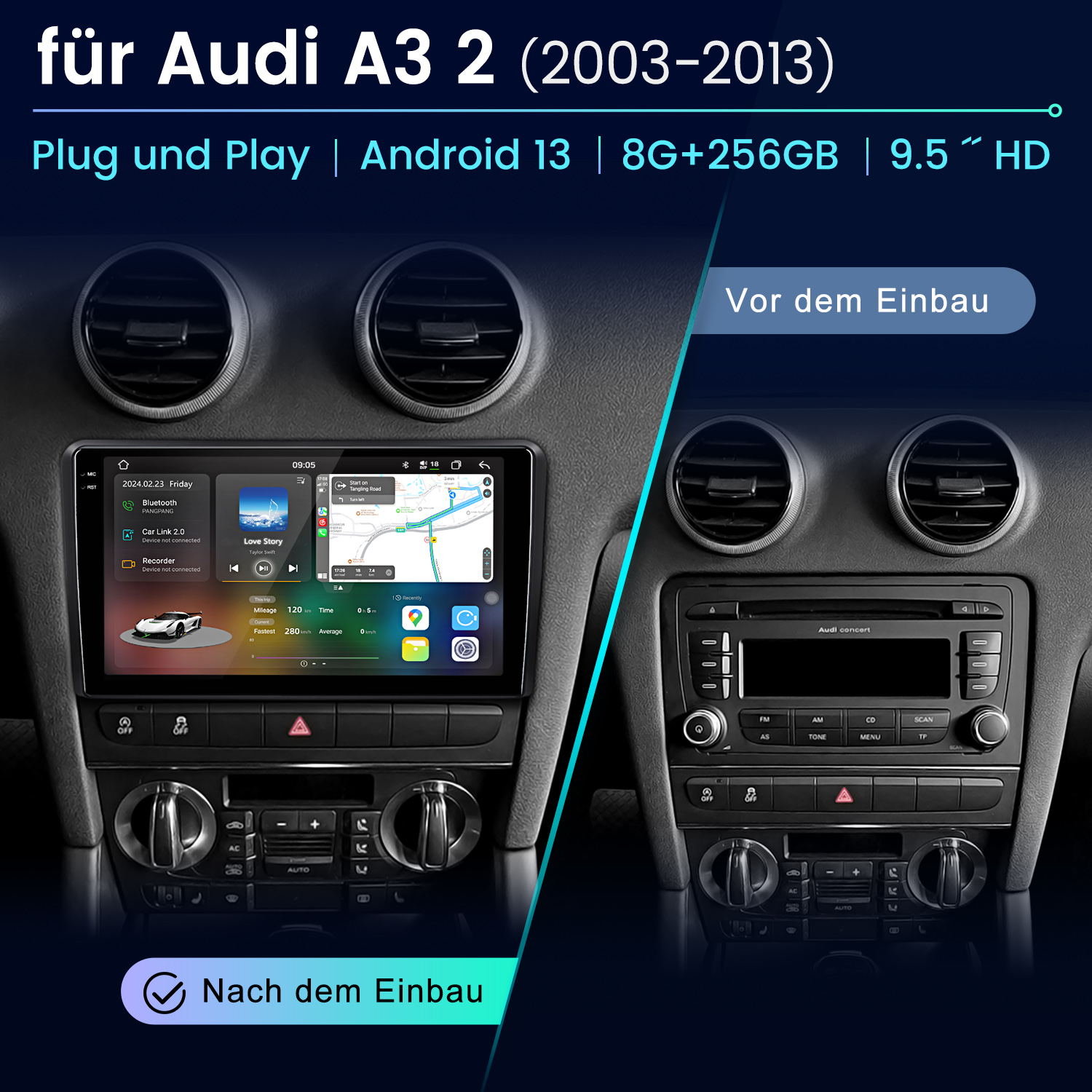 Vergleich eines Audi A3 Armaturenbretts vor und nach dem Einbau eines modernen Android-Autoradios mit Touchscreen.