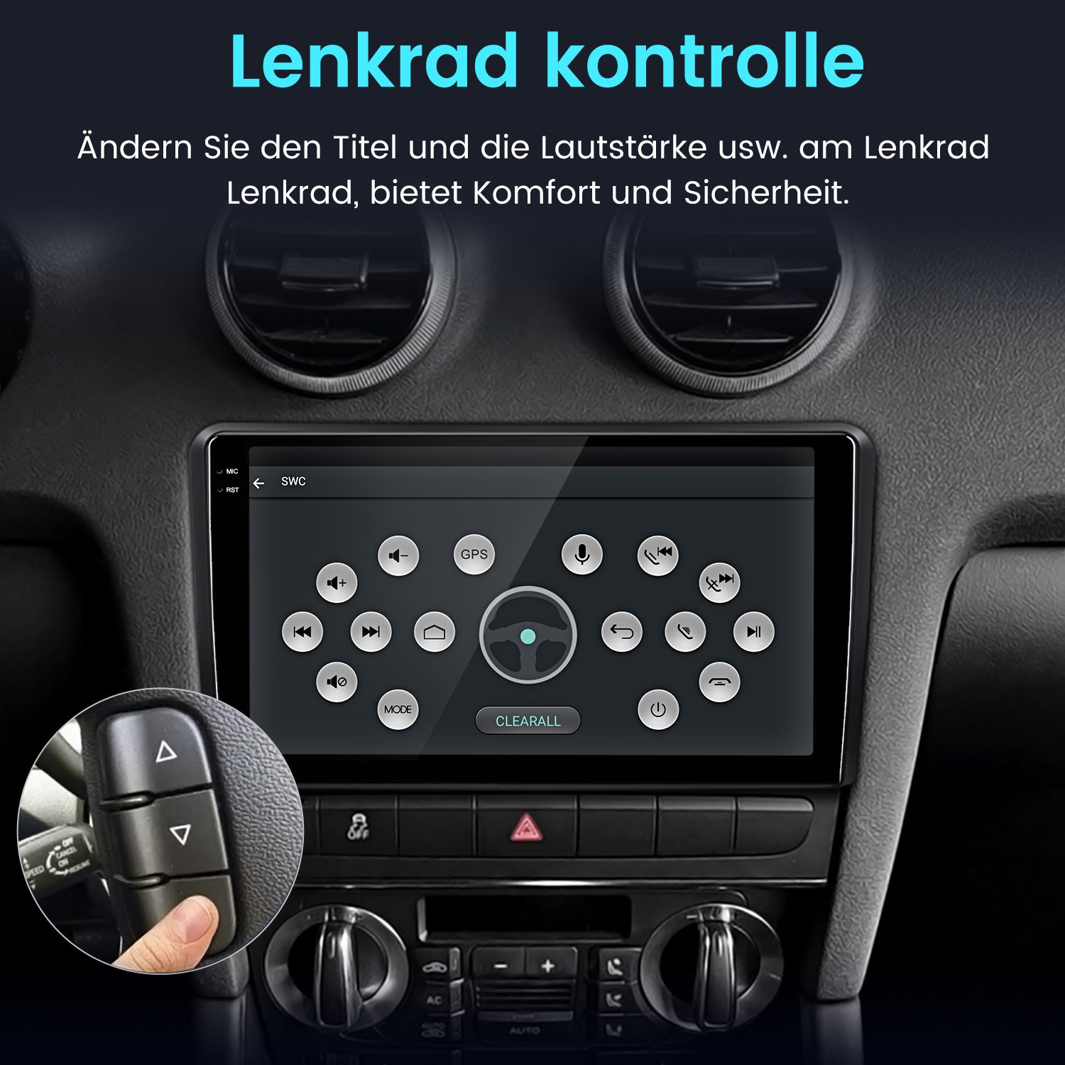 Autoinnenraum mit Touchscreen, der Lenkradsteuerungseinstellungen anzeigt, und Inset mit echten Lenkradtasten.