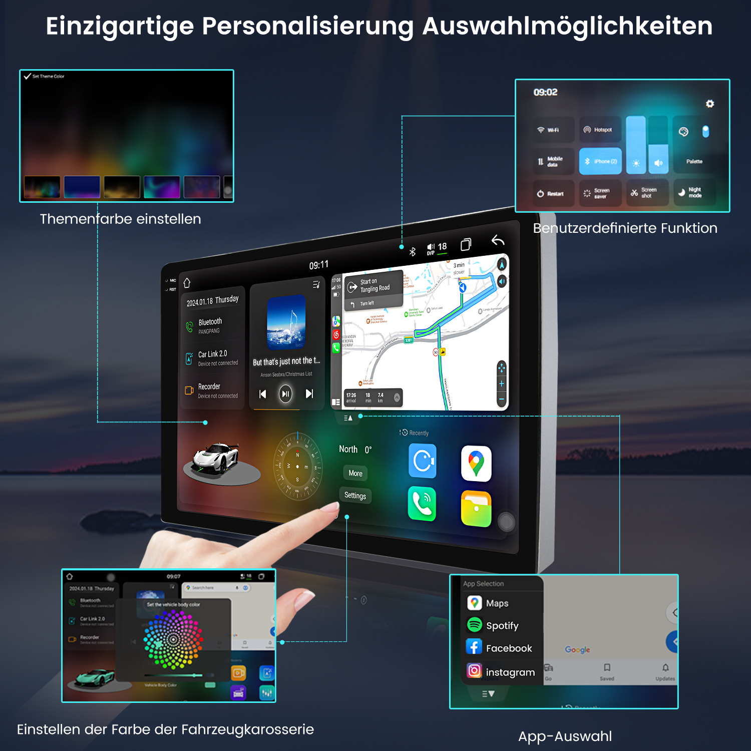 Ein Auto-Infotainmentsystem mit Navigation, Musik und bunten Anpassungsmenüs.