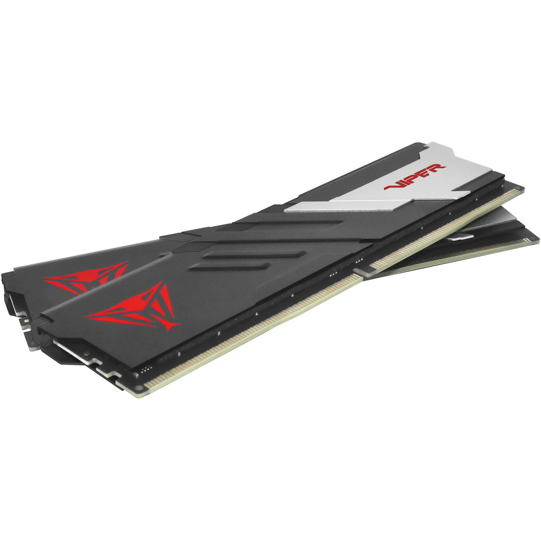 Dwa czarne moduły RAM z czerwonymi logo Viper i srebrnymi akcentami metalowymi na białym tle.