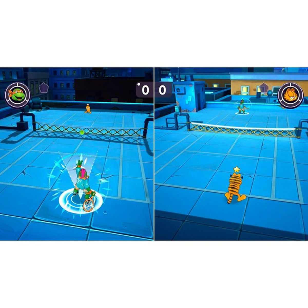 Geteilter Bildschirm zeigt eine Tennismatch-Szene auf einem blauen Dach mit Cartoon-Figuren.