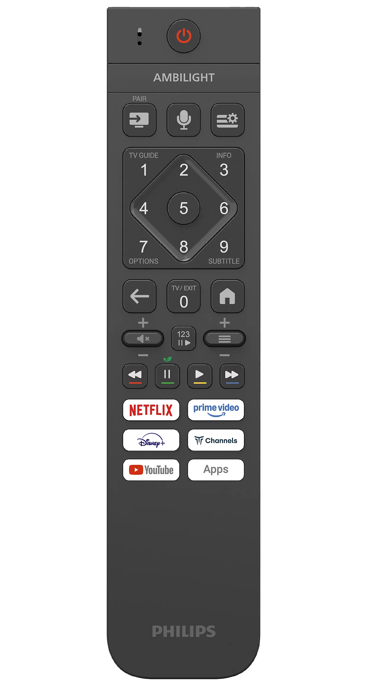 Télécommande noire Philips Ambilight avec pavé numérique, touches directionnelles et boutons d'application.