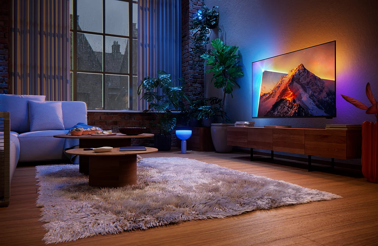 Salon chaleureux la nuit avec une télévision affichant un paysage de montagne, des plantes et un tapis.