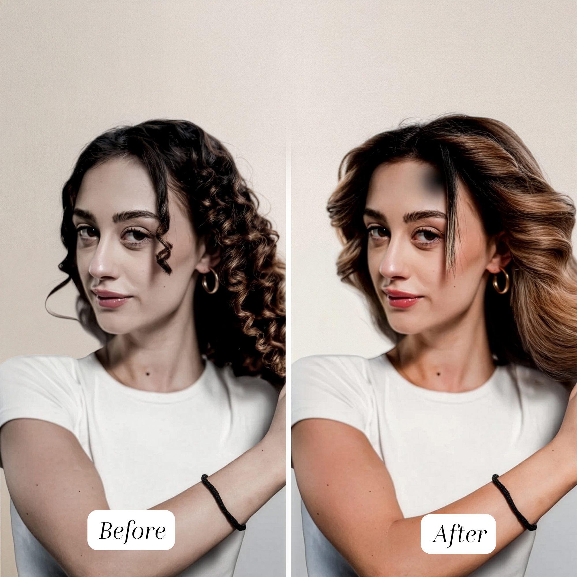 Comparaison avant-après d'une femme avec des cheveux bouclés à gauche et des cheveux plus lisses et volumineux à droite.