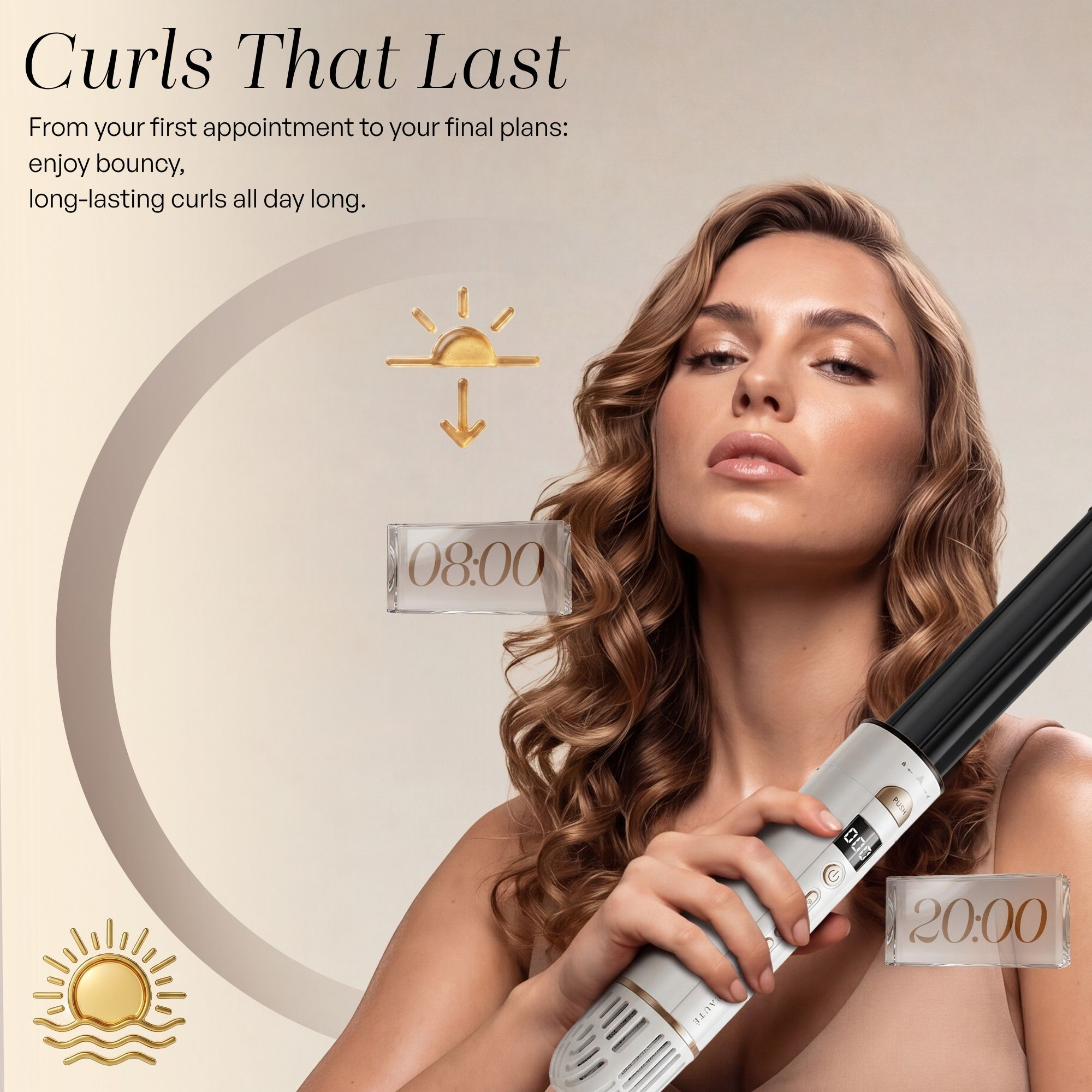 A woman with curly hair holds a curling iron, framed by text and graphic icons.