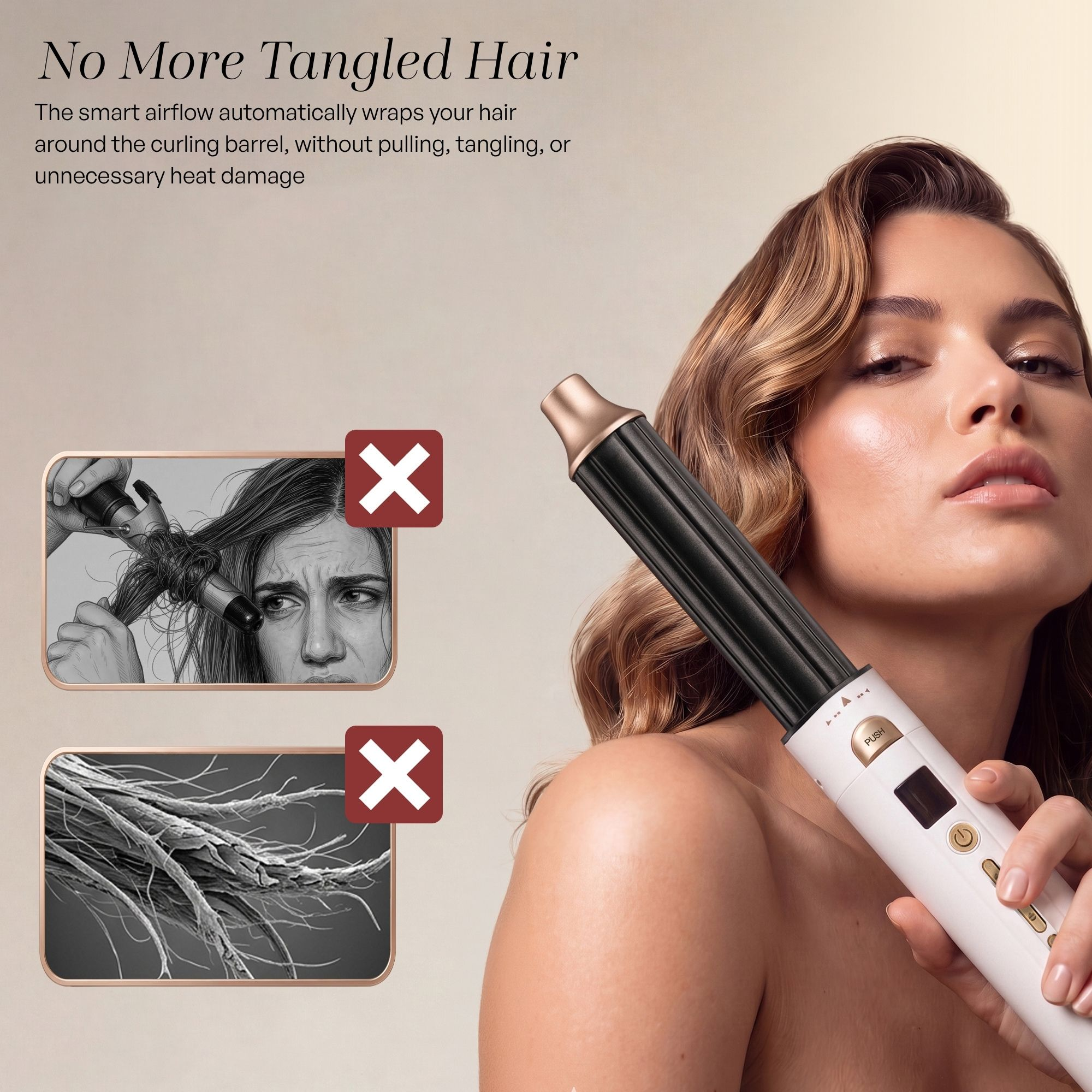 A woman holds a curling iron, next to insets showing tangled hair with red X marks.