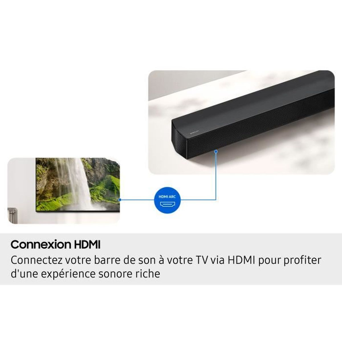 Una soundbar nera si collega tramite HDMI ARC a una TV che mostra una cascata.